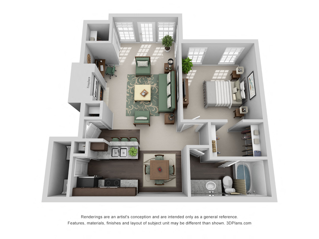 Floor plan for 1 bed, 1 bath, 837 sqft